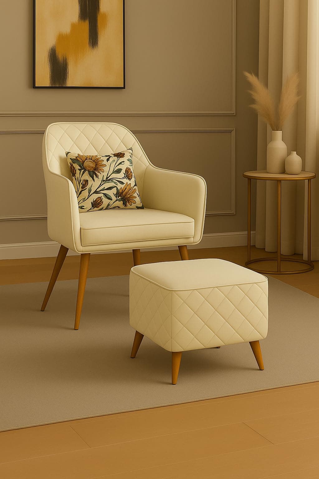 CHAIR DECOR Velvet Accent Chair with Matching Pouffe & Floral Cushion | Modern Upholstered Armchair with Gold Metal Legs | Lounge Chair for Living Room, Bedroom, Office, Guest Room (Beige Diona)