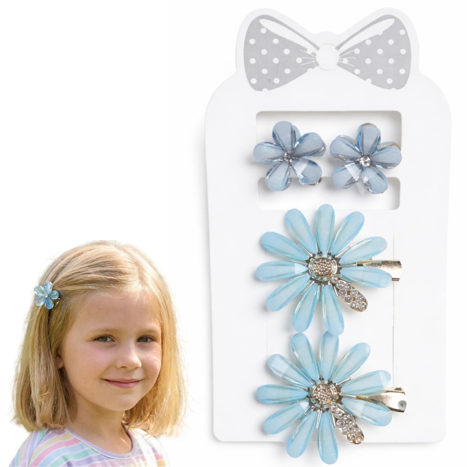 ANNA CREATIONS 4 Pcs Korean Colorful Flower Hair Clips & Hair Pin Cute Barrettes with Rhinestones Lock Pin Metal Clip Multicolor Hair Accessories for Women & Girls (Blue)