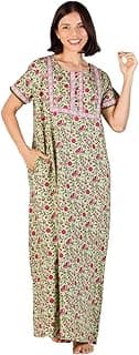 Evolove Women's Cotton Long Maxi Night Gown Nighty Dress with Pocket & Stylish Button, Super Soft Comfortable (LNG-Button)