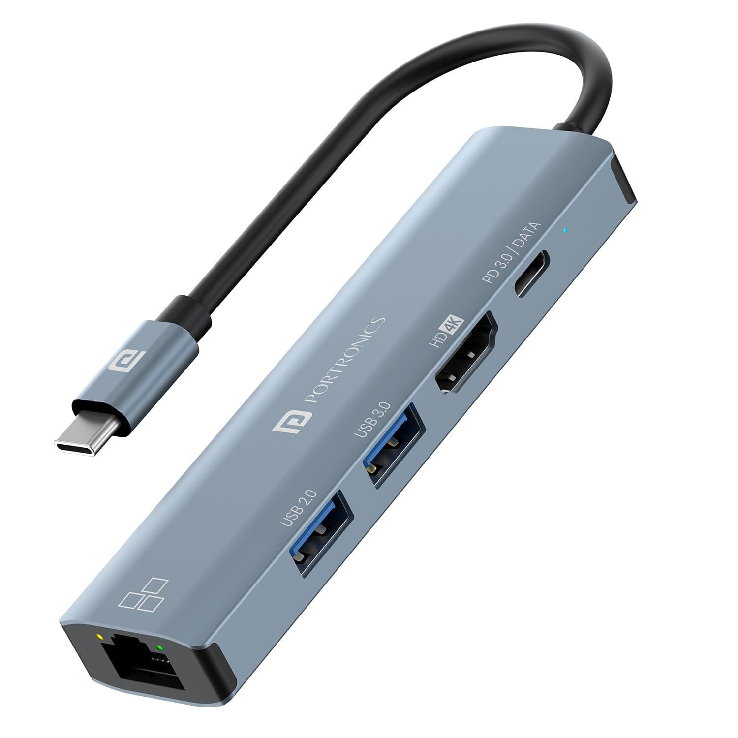 Portronics Mport 51 5-in-1 Type C HUB/Docking Station with RJ 45 Ethernet Port, 5Gbps Data Transfer, HDMI Port, USB 3.0, PD Quick Charge, 4K Ultra HD Data Quality(Grey)
