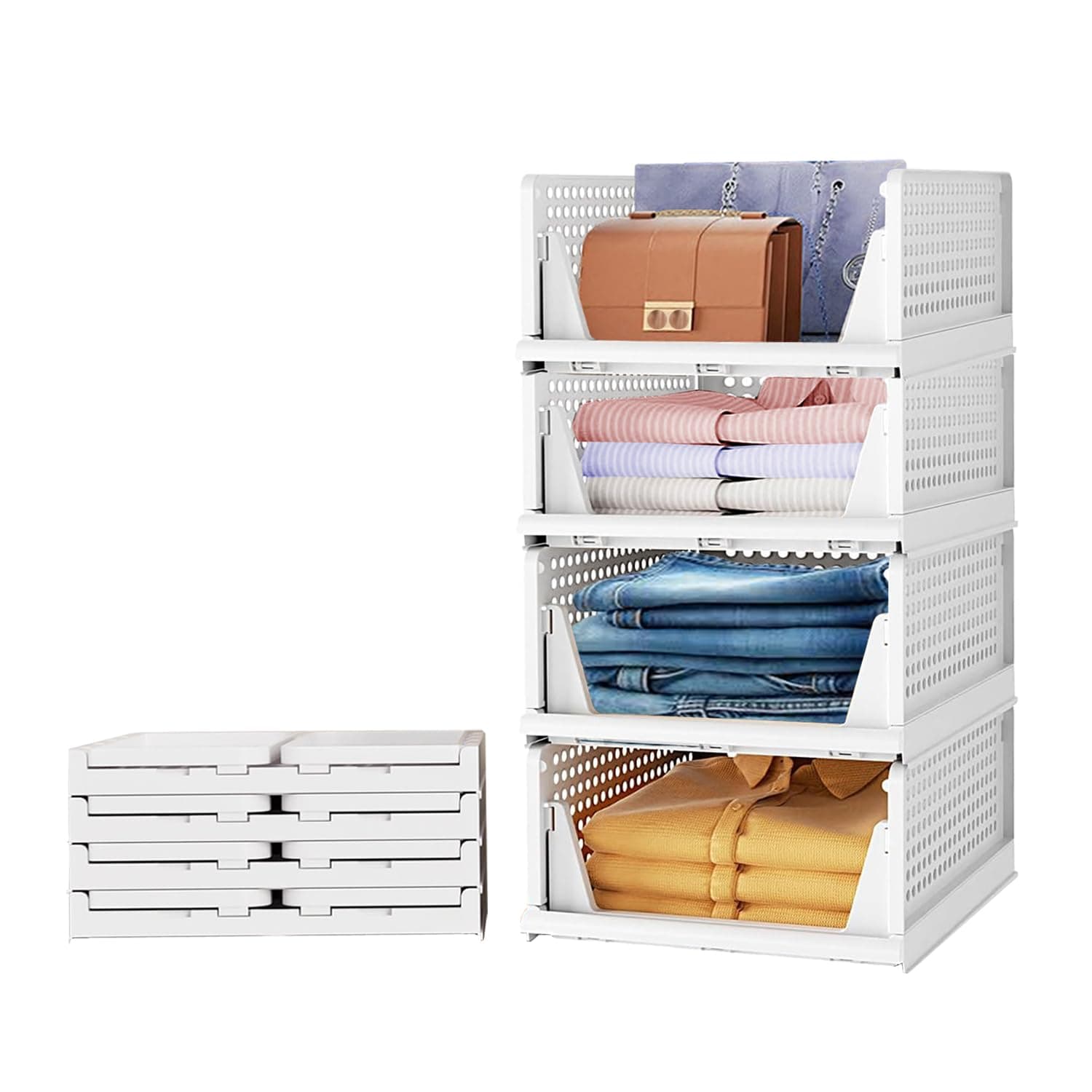 Aditya Polymers Pack of 4 Pcs (Large) Clothes Organizer For Wardrobe Cupboard| Foldable Stackable| MultiPurpose Adjustable Sliding Tray Basket| Almirah Closet Space Organiser| Shirt Stacker