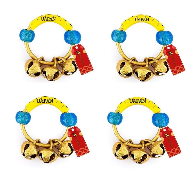 UAPAN Brass Yellow Rubber Kadi Brass Ghungroos for Bhajan Clapping Finger Ring Gifting Small Bells For Lord Godess God Ganapati Pooja Aarti Ganesh Pooja Celebration (2 Pair)