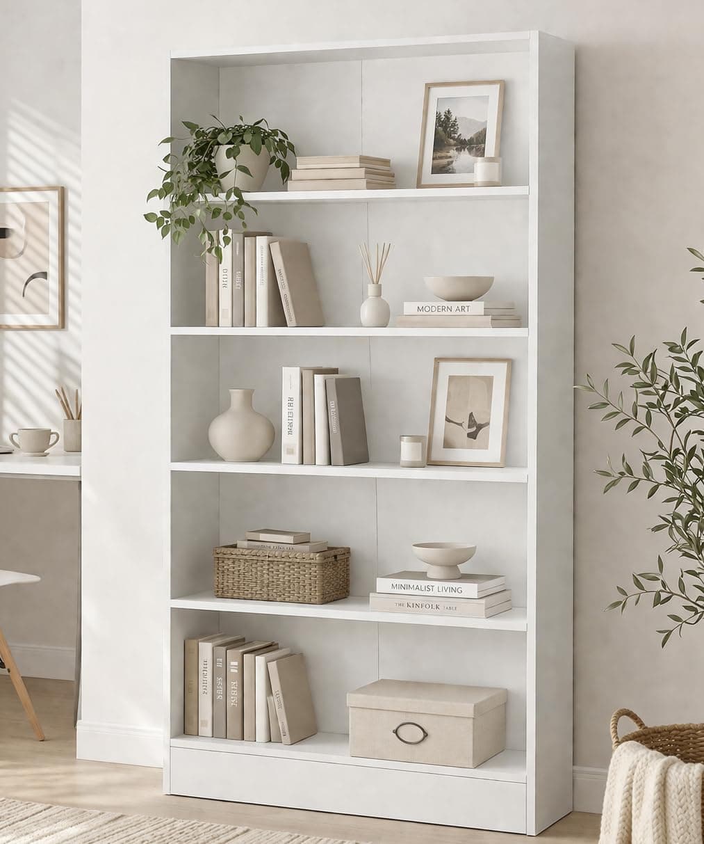 DeckUp Muvo 5-Shelf Engineered Wood Book Shelf and Display Unit (White, Matte Finish)