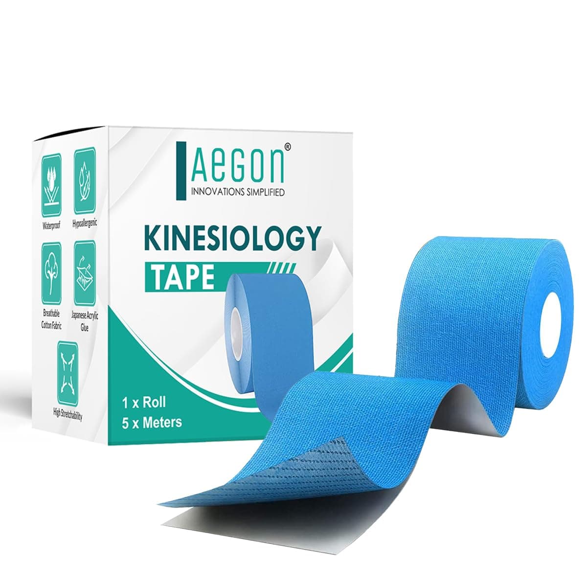 Aegon Waterproof Kinesiology Tape 5 Metres Latex Free Breathable Athletic Sports Tape For Injury, Muscle Support, Pain Relief, Joint Support And Physiotherapy (Blue, 2.5 cm)