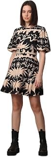 ONLY Floral Print Round Neckline A-Line Dress | Detachable Waist Belt | Balloon Sleeves | Flared Skirt