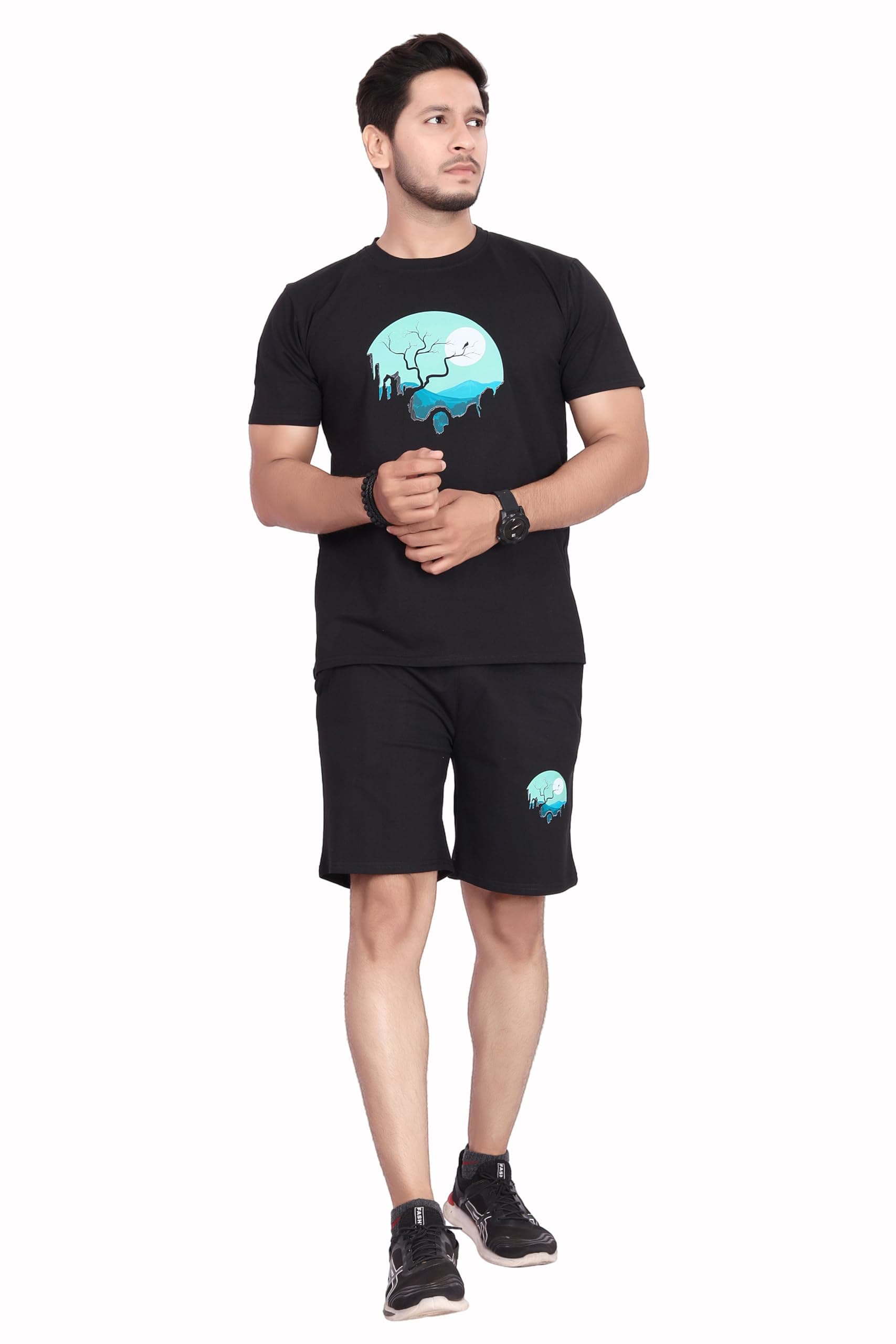 HOODMASTER Men's Cotton Night Suit Set of Top & Knee Length Shorts with Round Neck Half Sleeves Solid Pattern Regular Fit and Standard Length | Mens Cotton Night Suit | T-Shirt and Shorts Sets