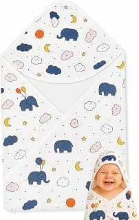 Baby Hooded Wrapper for Newborn, 100% Muslin Cotton Hooded Towel & Blanket, 75×75 cm, 4 Ply, Ultra Soft & Absorbent Bath Towel for Infants & Toddler, Natural Dyes, Pack of 1 (ELE)