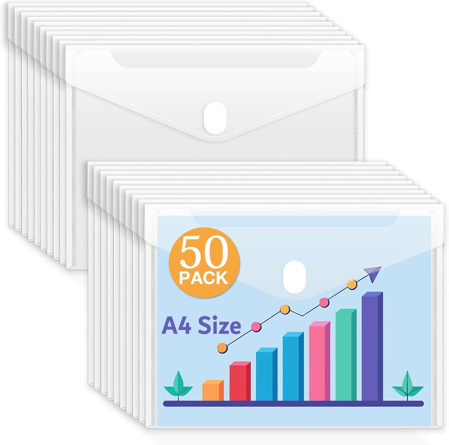 CAMPIO A4 Document File Bag, Transparent Envelope Holder Storage Case, Snap Button Organizer, Clear Plastic Container for Papers, Stationery, Office Supplies, Pack of 50