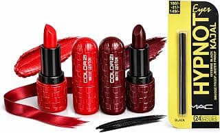 COLOR21 Matte Lipstick Combo with MAC HYPNOT Eyes Kajal, 2 Lipsticks Cherry Red and Maroon, 24 Hrs Intence Black Kajal, Long Lasting, Waterproof, Smudge Proof, 3 Pieces