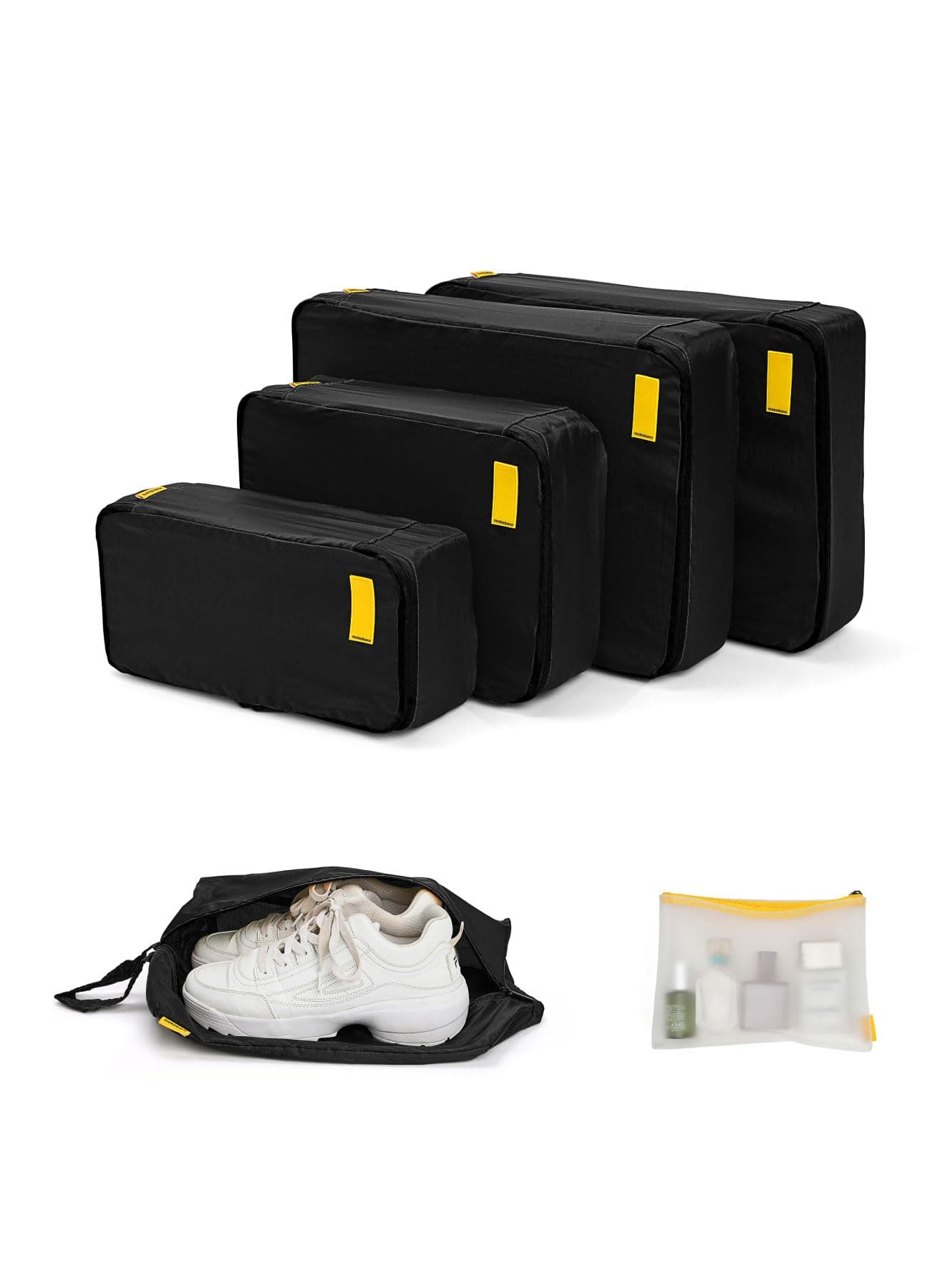 MOKOBARA The Packing Cube Nylon Fabric Water Resistant Travel Organizer Wardrobe Organizer Set Of Packing Bag (Xl,Large, Medium, Shoe Bag, Toiletry Bag) (Set Of 6, Black)