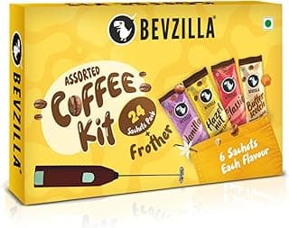 Bevzilla 24 Coffee Sachets & Frother | 24 X 2 Gram Sachets | 6 Pouches Each Flavour | Café Coffee Kit | Classic, Hazelnut, Vanilla & Butterscotch | Arabica Beans | Enjoy Hot & Cold