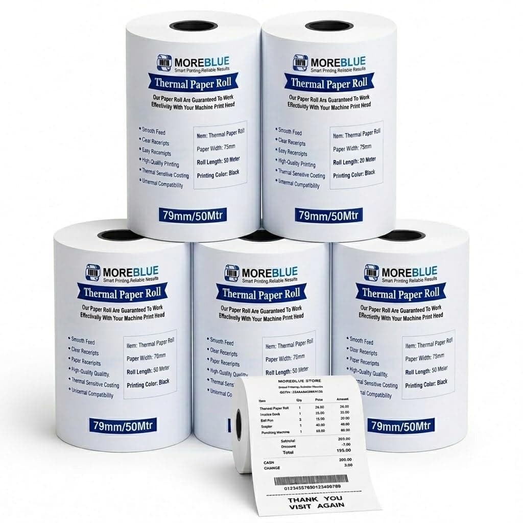 MOREBLUE 3 Inch Thermal Printer Roll 79mm x 50 Meter | Thermal Receipt Paper Roll for POS Billing Machine | Cash Register Bill Printer Paper | BPA Free, High Print Clarity, Long Lasting 5 Roll