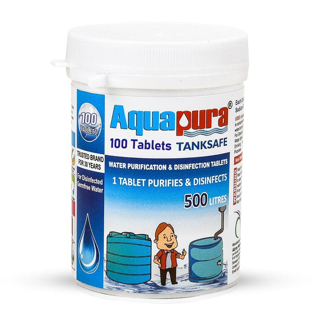 Aquapura Chlorine Water Purification Tablets | Each Tablet for 500 Liters,100 Tab Pack | (50000L Water Purification) | 3 Years Shel Life & Warranty, Chlorine Tablets for Overhead & Undergorund Tanks