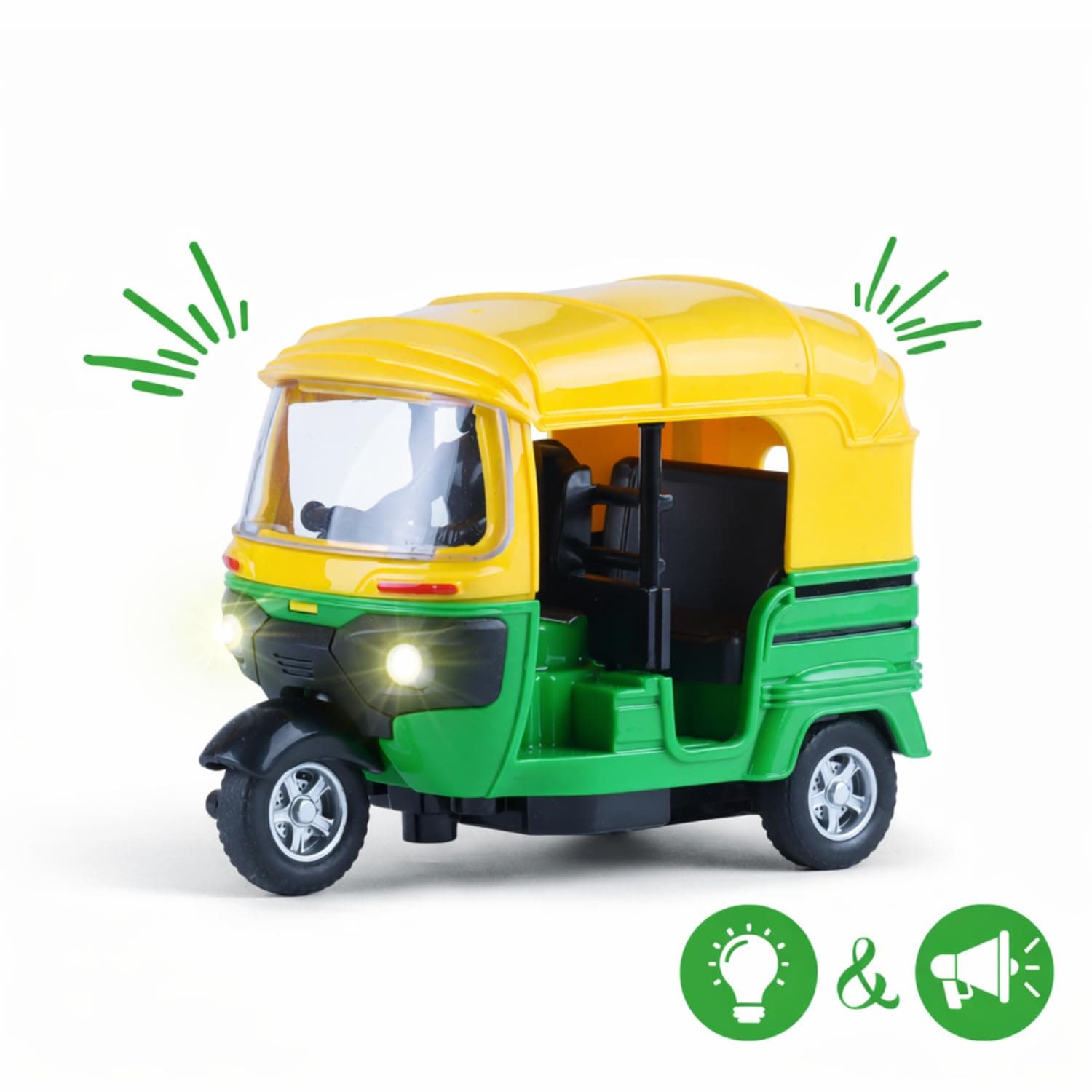 Frendo Auto Rickshaw Toy for Kids with Lights & Sound| Pull-Back Action Three-Wheeler Toy| Durable ABS Plastic City Vehicle Toy for Boys & Girls (3+ Years)|Green