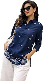 VINCHIC Women’s Cotton Embroidered Shirt Blue | Floral Embroidery Casual Wear Shirt for Women | Soft Cotton Stylish Top 6