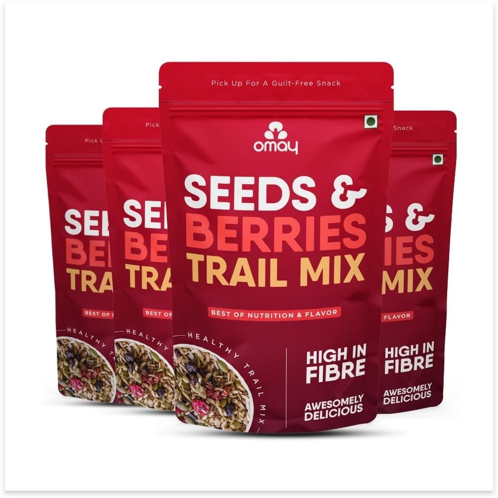 Omay Foods Seeds & Berries Mix, 80g Pouch (Pack of 4) | Trail Mix | Roasted Seeds, Dried Berries | Antioxidants, Omega-3 & Fibre | No Added Sugar | Oil-Free | Healthy Snack for Weight Loss