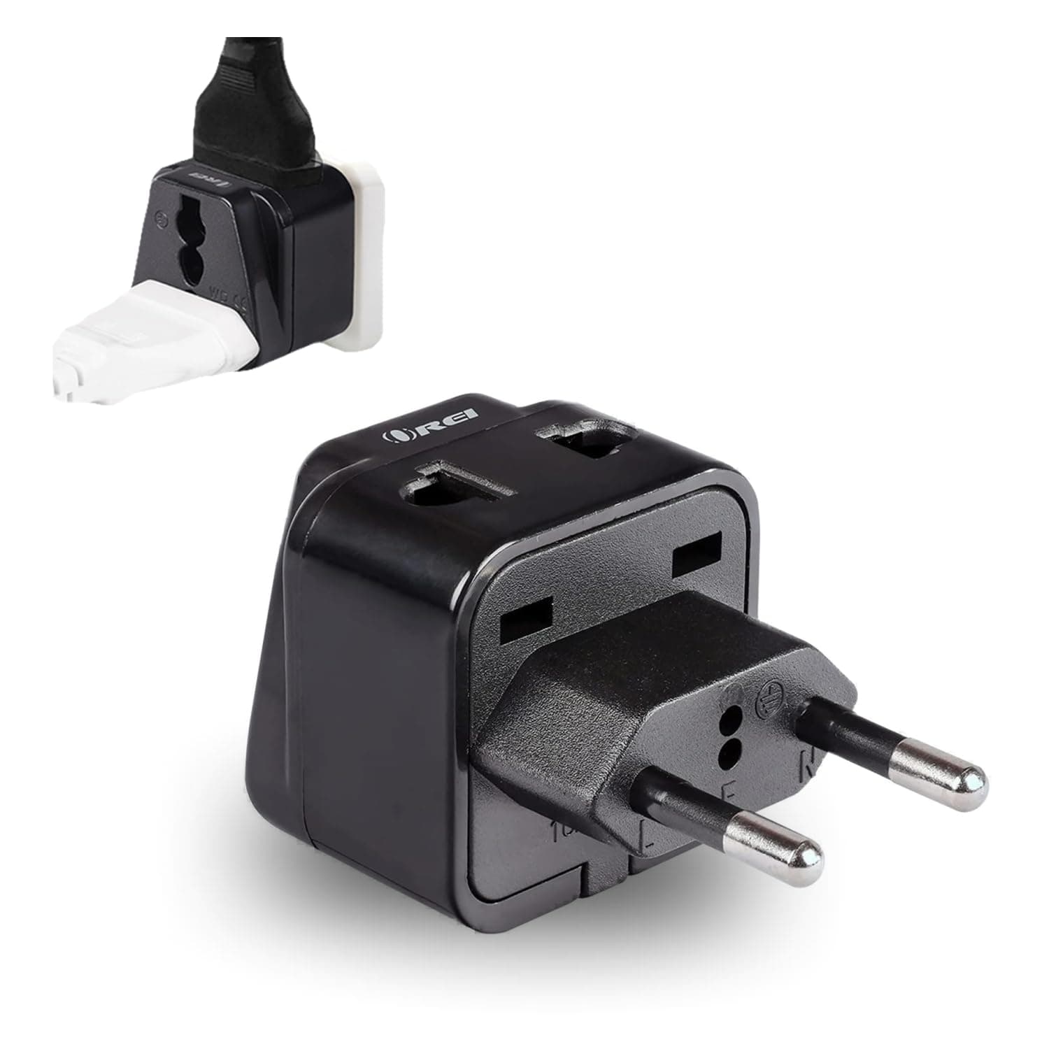 OREI India to Europe Adapter, Russia, Turkey & More - Type C - 2 in 1 - Perfect for Laptop, Camera Charger and More- CE, RoHS - Black - 5 Years Warranty