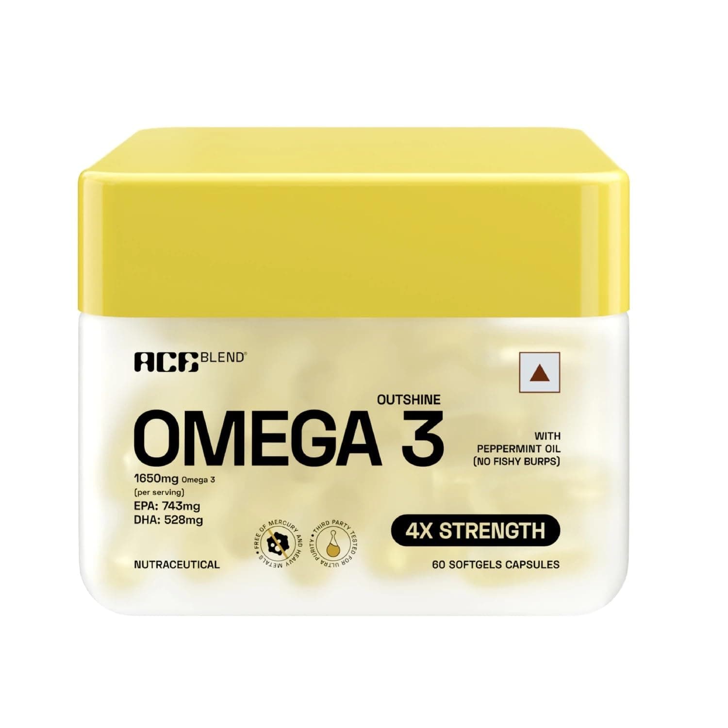 Ace Blend Outshine Omega 3 Fish Oil (60 Softgels) | 1650 Mg with 743 EPA & 528 DHA | 2 Softgel for 4X Strength for Men & Women | No Fishy Burps | Supports Heart, Brain, Joints, Eye Health