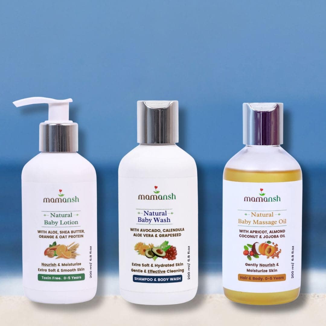 Mamansh Baby Skincare Combo Bundle of Baby Massage Oil, Baby Wash and Baby Lotion (1 unit Each of 200ml)