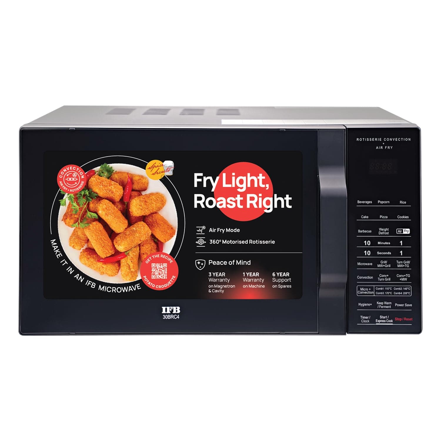 IFB 30L, Multi-Stage Cooking Rotisserie, Grill & Convection Microwave with Air Fry, Cooling System, 10 Power Levels, Fermentation mode, 125 Auto Cook Menus, Auto Defrost, Auto Reheat (30BRC4, Black)