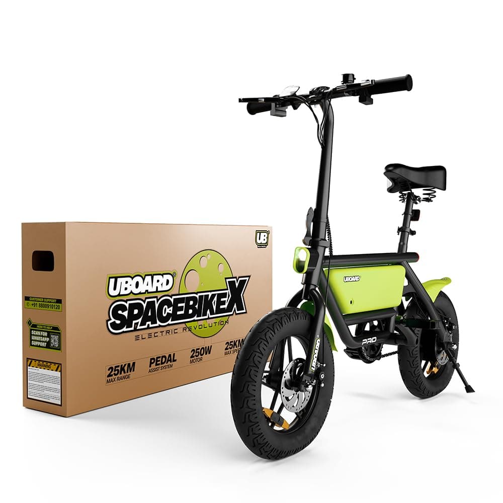 UBOARD Space Bike Electric Foldable Mini E-Bike with Air Rear Suspension|250W Motor, 36V 8Ah Battery, Up to 30 km Range, 25 km/h|Compact Lightweight Design, Dual Disc Brakes & LED Lights–Neon Green