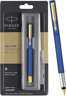 Parker Vector Standard Gold Trim Fountain Pen| Metallic Blue Body Colour| Ink Colour – Blue