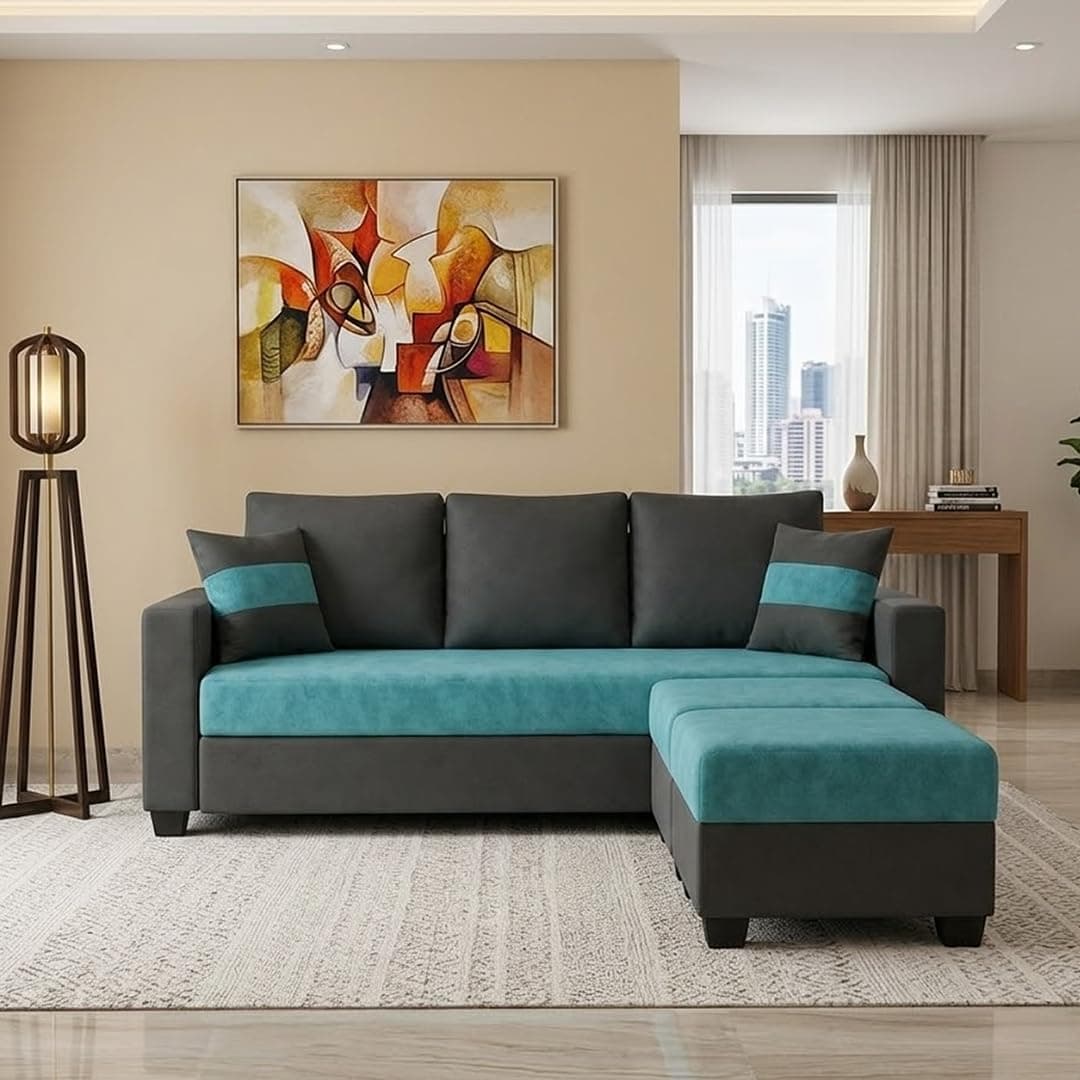 FURNY Oreoy 5 Seater L Shape Sofa Set with 2 Movable Ottoman | Flexible Left or Right Layout | Plush Velvet Fabric (Aqua Blue-Dark Grey) | Perfect for Living Room, Guest Room & Office