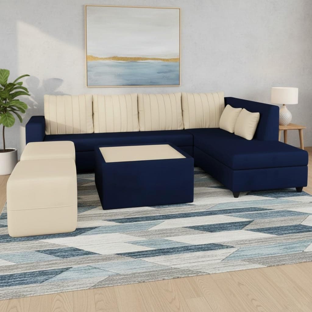 CASASTYLE Stylify 8 Seater Fabric RHS L Shape Sofa Set with 1 Centre Table & 2 Ottoman (Cream-Dark Blue) 8-Person Seating with Premium Velvet Finish