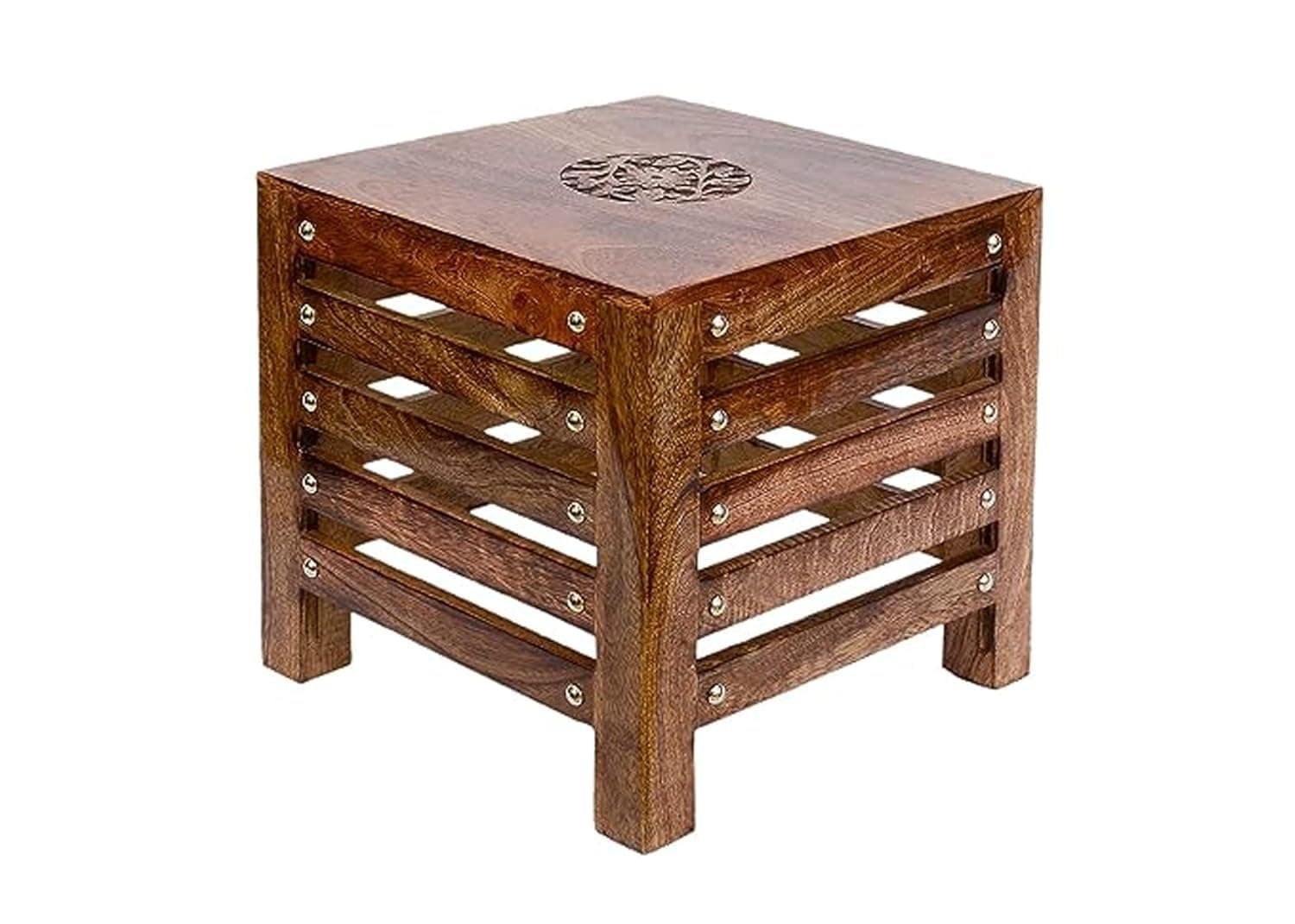 WOOYNEX Wooden Beautiful Handmade Stool for Sitting Living Room, Office, Pooja, Balcony Decor, Home Furniture Small Table Stool - Brown, 30 x 30 x 30 cm (1)