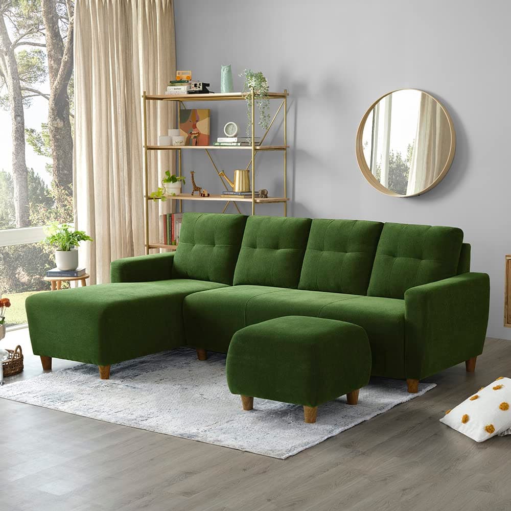 Sleepyhead Yolo Designed by Duroflex - 4 Seater Sofa LHS Sectional + Ottoman |Premium Fabric, Plush 3-Layer Cushioning |Modern Buttonless Tufted & Anti-Sag Comfort |3 Years Warranty - Avocade Green