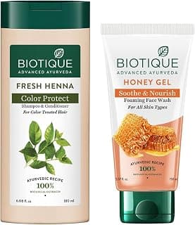 Biotique Fresh Henna Color Protect Shampoo & Conditioner, 180ml & Biotique Honey Gel Soothe & Nourish Foaming Face Wash For All Skin Types 150 Ml