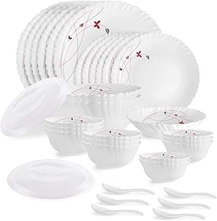 Cello Opalware Dazzle Series Lush Fiesta 35 Piece Dinner Set Serving for 6 | Bone Ash-Free | Lightweight, Elegant White Plates & Bowls Set | Opal Glass Crockery Set for Daily Use Dinning & Gifting