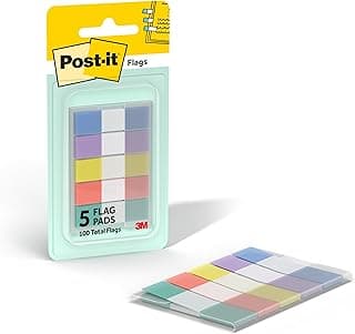 Post-It Flags, 0.47 in. x 1.7 in., One Dispenser with Five 20-Count Sticky Tabs in Assorted Pastel Colors (100 Flags Total)