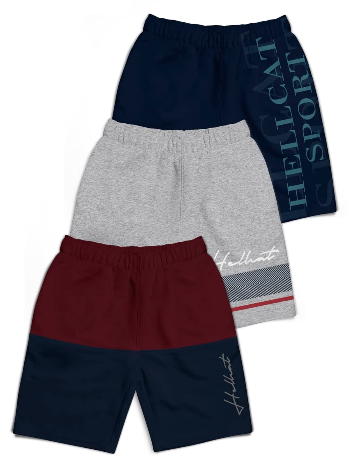 HELLCAT Pack of 3 Trendy Typographic Printed Mid Rise Shorts for Boys - Burgundy/Grey Melange/Navy Blue_11-12 Years