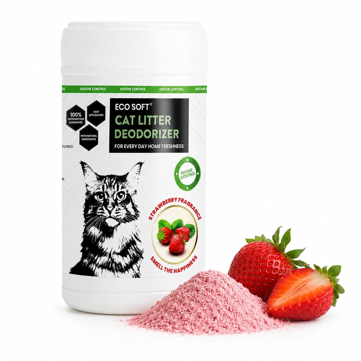 Eco Soft Cat Litter Deodorizer 750gms | Strawberry Fragrance | Odour Eliminating Powder | Suitable for All Types of Litter | Long Lasting Odour Control | Strong Cat Urine Smell Remover | Aromatherapy