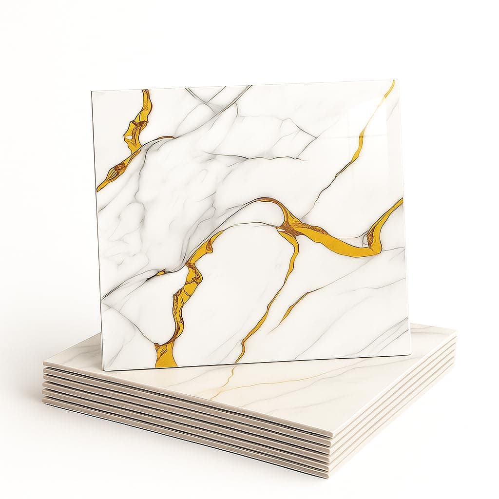 OCEANSKY White & Gold Abstract Marble UV Panels, Pack of 8 | Self Adhesive Wall Tile, 60 cm x 60 cm, UV Sheets, For Homes Wallpaper