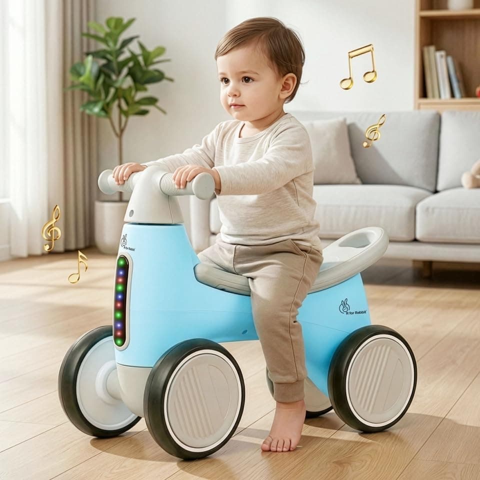 R for Rabbit Speedster Glider Push Ride on Car for Kids Baby Balance Bike with Music and LED Lights Scratch-Free Wheels Toy Storage Space for 1-4 Years Boys Girls, Weight Capacity Up to 20Kgs (Blue)