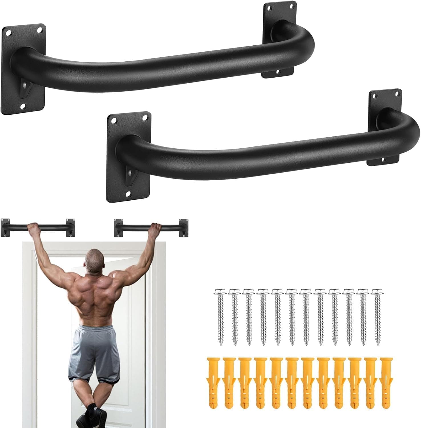 TYB 2PCS Wall Mount Doorway Pull Up Bar, Heavy Duty Strength Training Chin Up Bars, Door Frame Pull-Up Bars Ceiling Wall Mounted, Thick steel Sturdy Hanging Pull-up Bar for Home Gym Workout (Black, 2PCS Wall Mount)
