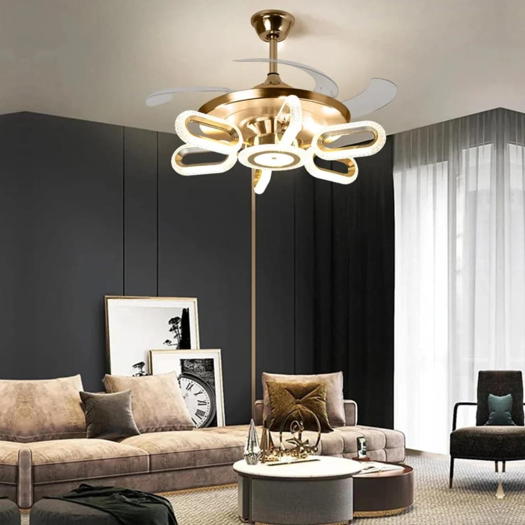 Harold Electricals Crystal Wormhole Chandelier Ceiling Fan with Remote Control, French Gold LED Pendant Light for Living Room, Bedroom & Hall (6 Lights)