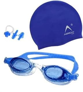 ArrowMax 100% Silicone anti fog swimming goggles,cap,earplug & noseplug set- Ideal for all age group | silicone non slip | easy to carry and skin friendly(BLUE)