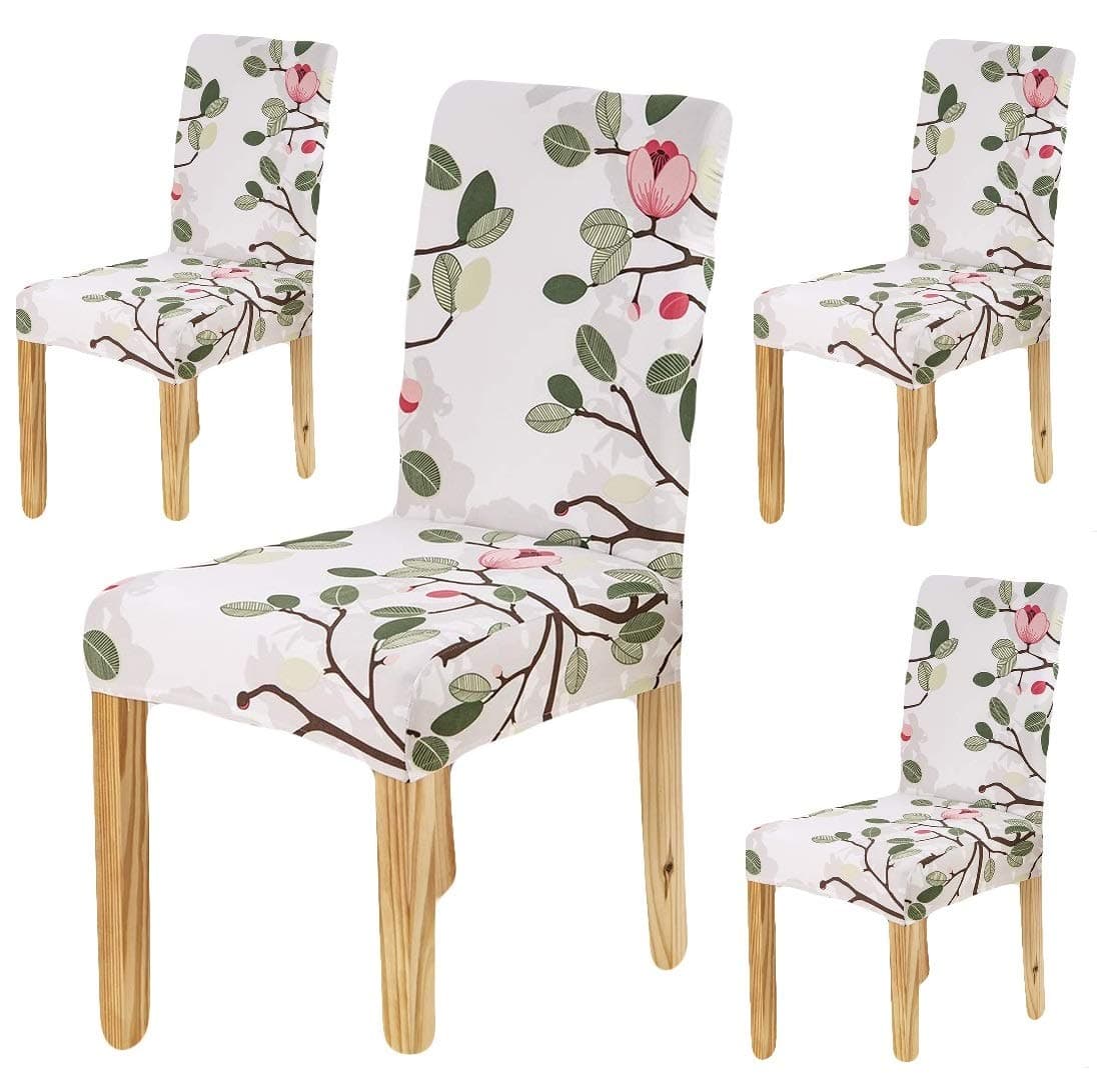 BRIDA Polyester and Spandex Stretchable Elastic Floral Printed Dining Chair Covers (White, Standard)-Set of 4