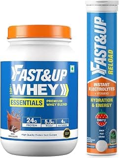 FAST&UP Essentials Whey Protein Isolate Blend (Rich Chocolate flavour), 4g Glutamine (2.1 Lbs, 960gm) & Reload Electrolyte Energy And Hydration Drink - 20 Effervescent Tablets - Berry Flavour