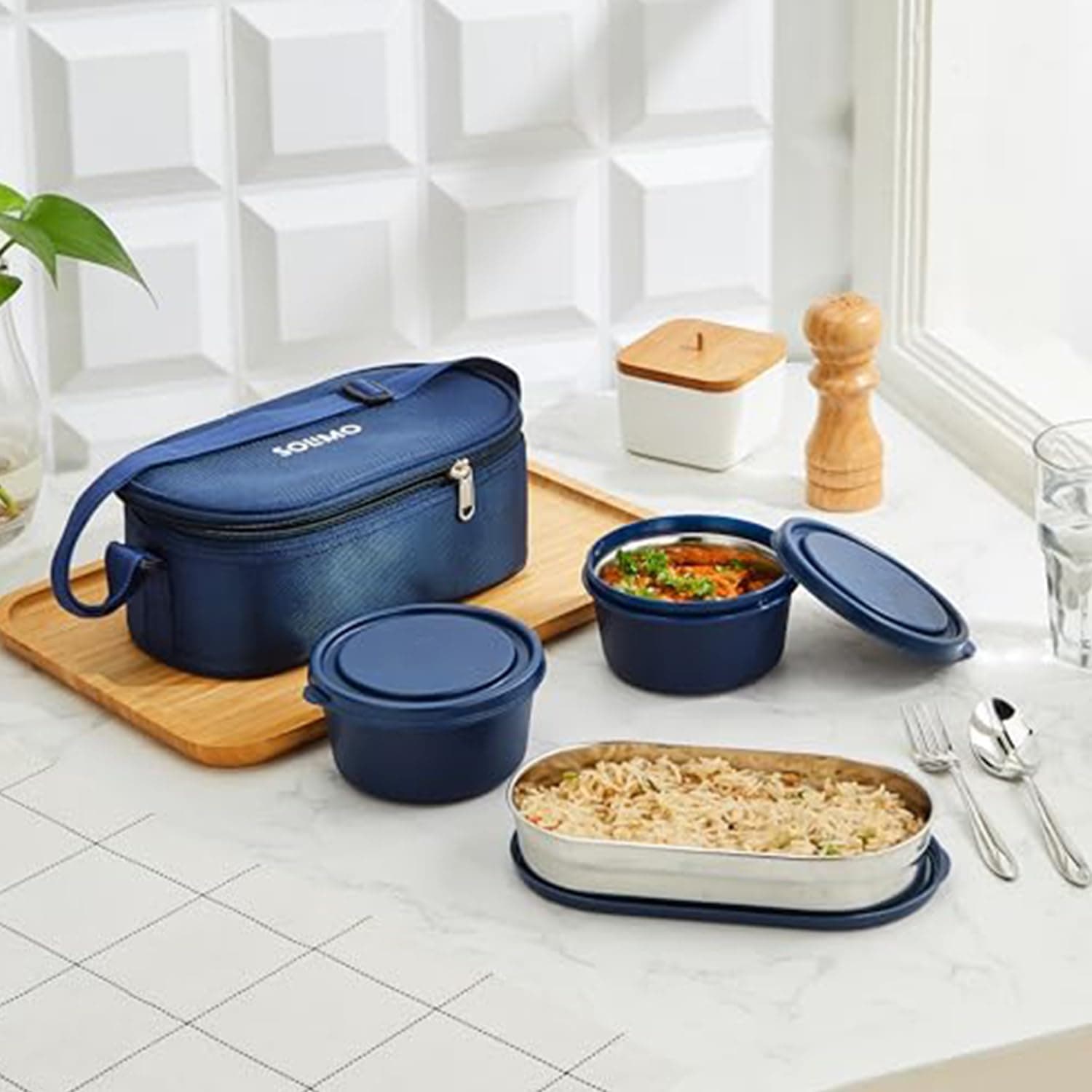 Amazon Brand - Solimo Lunch Box Set with Bag (Office, School & Travel) | 2 Round (400ml Each) & 1 Oval 600ml Steel Inner Containers with Cutlery | Microwave Safe | Leakproof - Blue