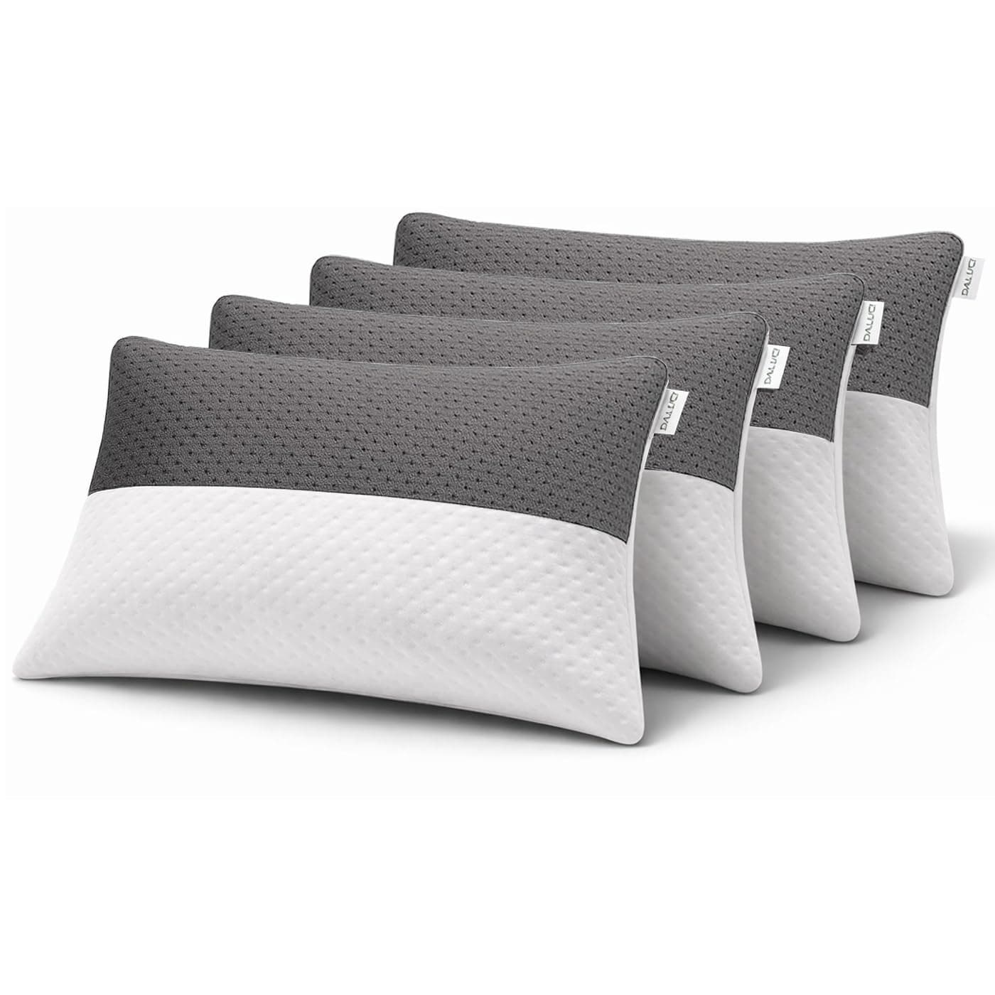 DALUCI Hollow Fiber Sleeping Pillow Set of 4 | Adjustable Height | Soft & Fluffy Bed Pillows for Sleeping | White & Grey | 27 x 16 Inches