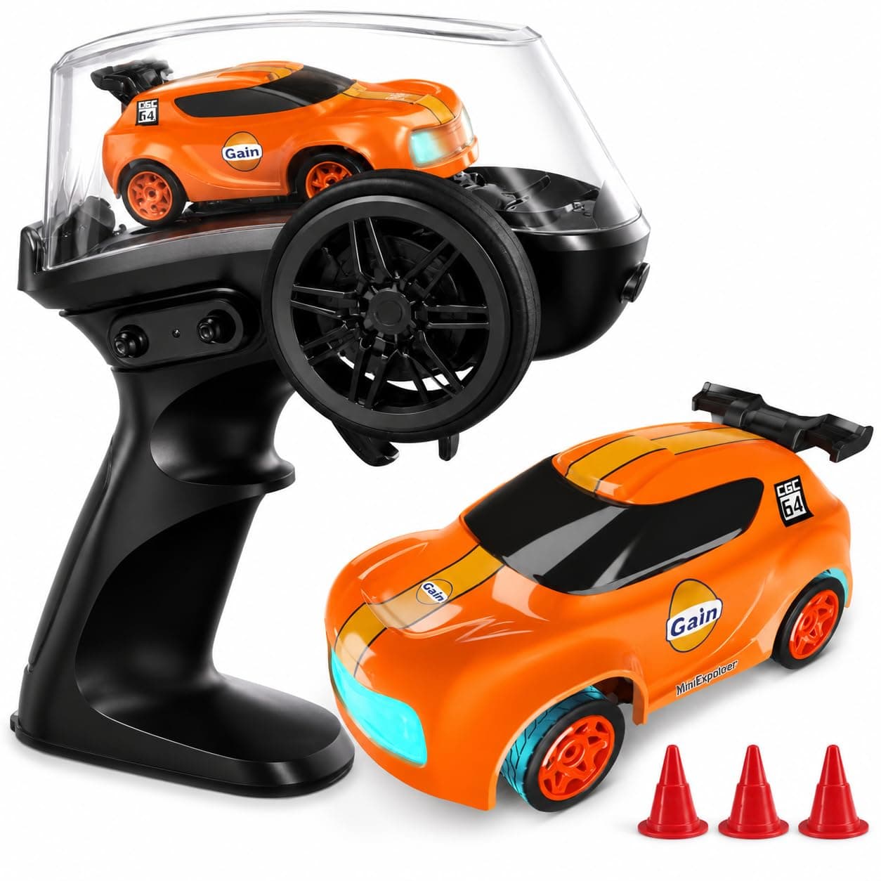 MiniExplorer Punto Mini RC Car 1:64 Scale, 2.4GHz Remote Control Car with Drift & Grip Modes, Dual Speed, LED Lights, 100m Range, Rechargeable RC Drift Car for Kids Boys Girls & Adults