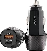 AGARO Pulse Car Charger, Dual Port with 51W Fast Car Charger with Dual Output (33W Pd Type C Port + 18W USB A Port), Fast Charging, for Smartphones, iPhones, Tablets, Earbuds & More – Black