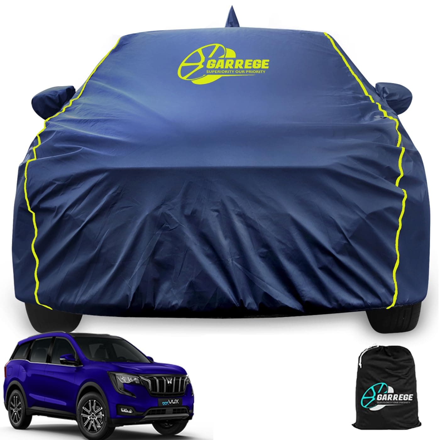 GARREGE® Waterproof Car Body Cover for Xuv 700 100% All Weather Proof with Mirror & Antenna Packet & Full Bottom Elistic, Triple Stitching with 100% Nail Proof Cover Navy Blue