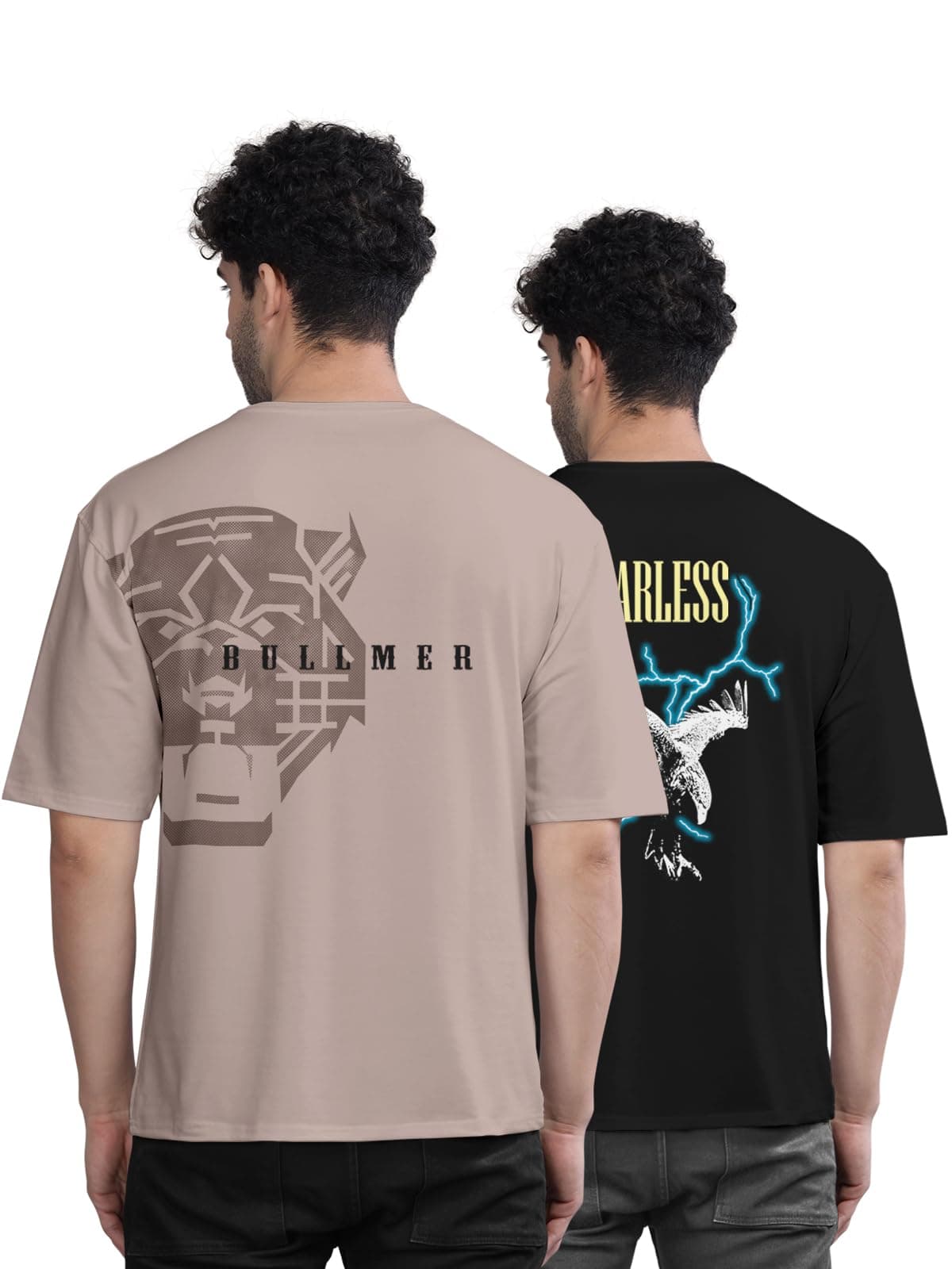 BULLMER Trendy Front and Back Printed Oversized Round Neck T-Shirt for Men - Pack of 2