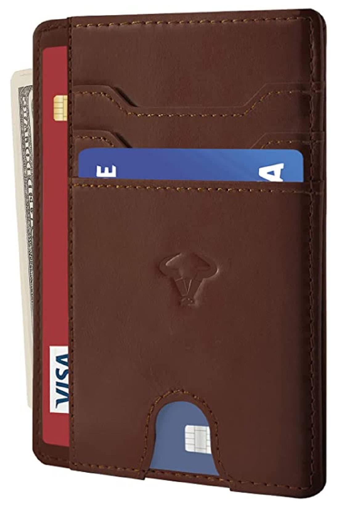 Contacts Genuine Leather Slim Wallet | RFID Blocking Skinny Minimal Thin Front Pocket Wallet Sleeve Card Holder for Men | Up to 7 Card Slots Including 1 ID Window (Brown)