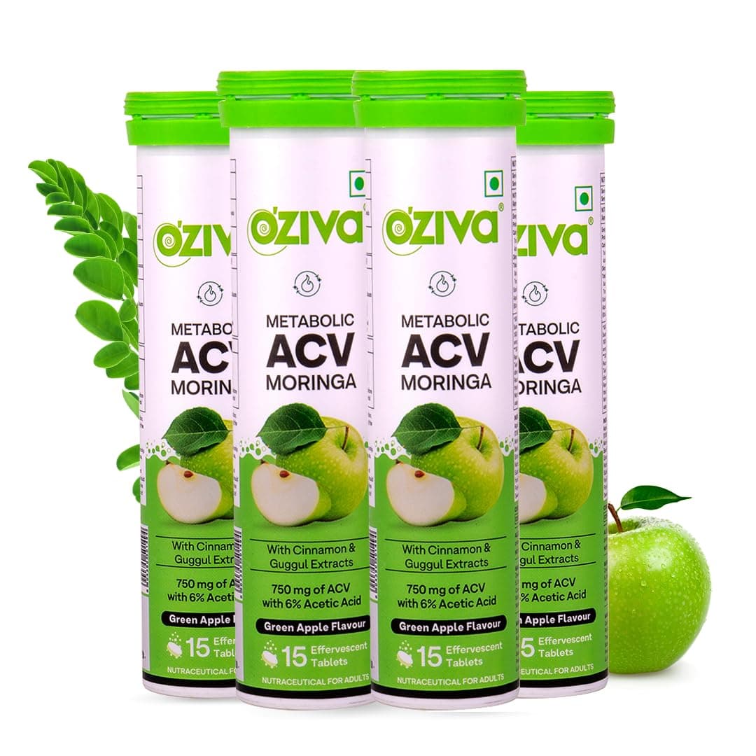 OZiva ACV Moringa Apple Cider Vinegar Tablets, Green Apple, Pack of 4 | Control Cravings I Apple Cider Vinegar, Cinnamon, Guggul I No Maltodextrin & No Added Sugar I 60 Effervescent Tablets